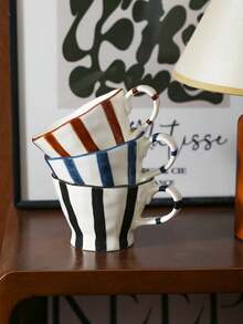 1pc Vintage Striped Ceramic Mug, Elegant Coffee Cup For Home Use, Suitable For Water, Milk, Oatmeal, Tea, Juice, Breakfast, Coffee, Beverages, Applicable For Cafe, Home, Restaurant, Party, Office, Father's Day, Mother's Day, Gift For Friends, Boyfriend/Girlfriend, Family, Teachers, Coworkers, Halloween, Christmas - Multicolor - View 6