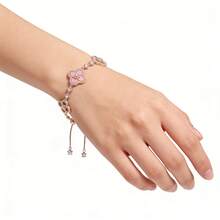 1 件优雅玫瑰金粉色珐琅四叶草花朵可调节手链，镶嵌透明立方氧化锆，女士派对礼物 - 金色 - 查看 2