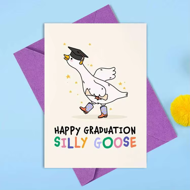 1pc Funny "Happy Graduation Silly Goose" Greeting Card - Cute Goose With Mortarboard & Boots Illustration - Quirky Graduation Gift Card For Friends, Students, Daughter, Son - View 1