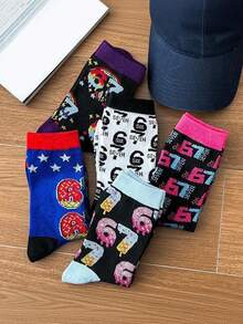 5 双街头风 67 号卡通甜甜圈印花中筒袜，百搭 - 彩色 - 查看 4