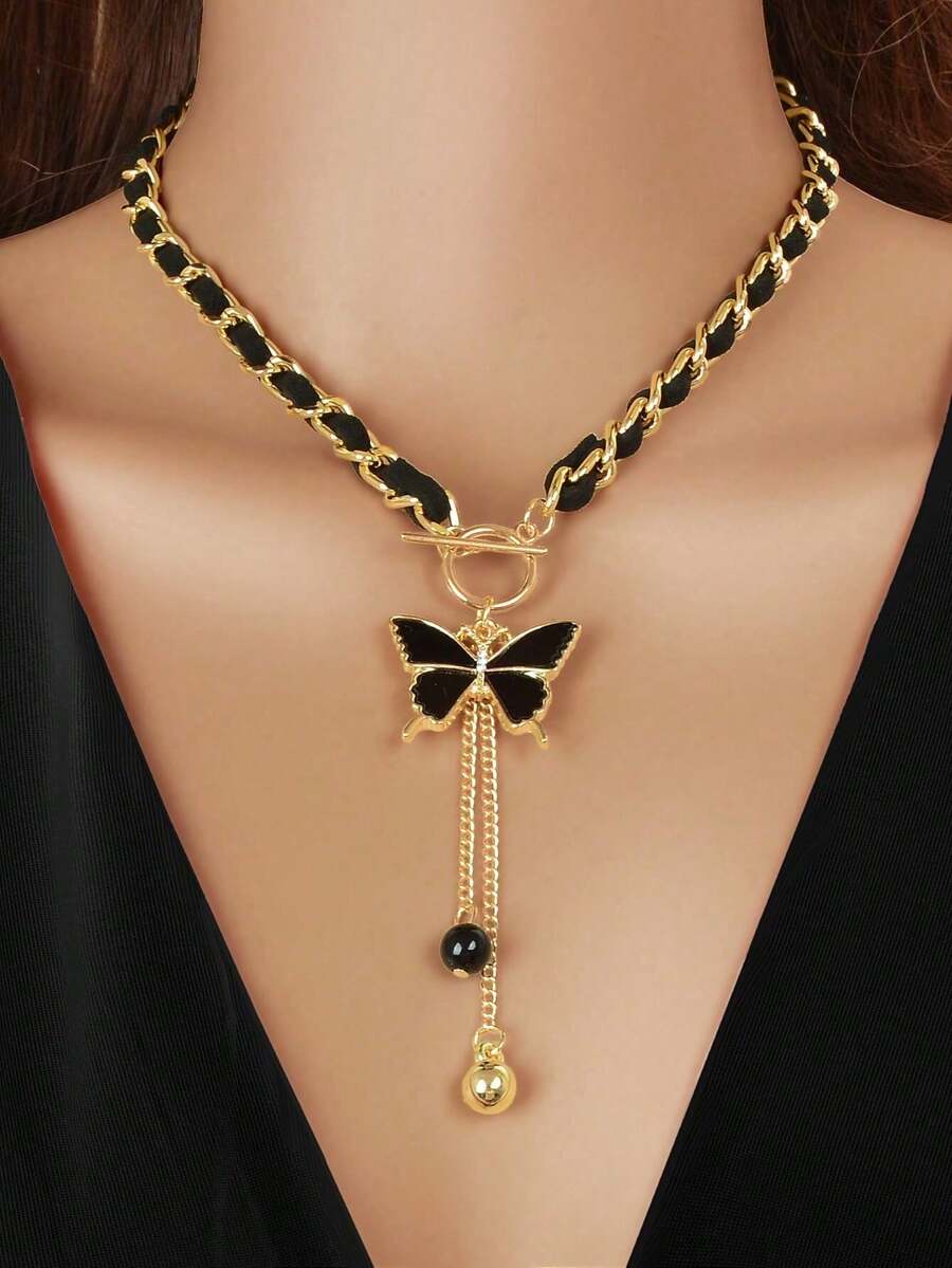 1pc Designer Fashion Butterfly Pendant Ball Tassel Braided Long Necklace, Elegant Jewelry For Women Party & Daily Wear - 蝴蝶 - 查看 1