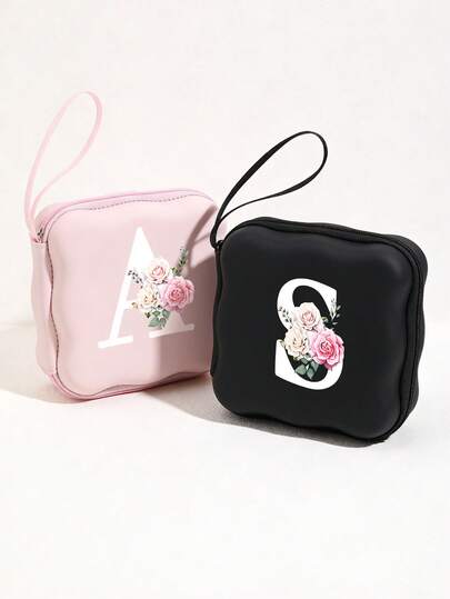 黑色和粉色方形字母线缆收纳袋，CCD相机充电器，耳机便携旅行数码可爱卡通风格收纳盒