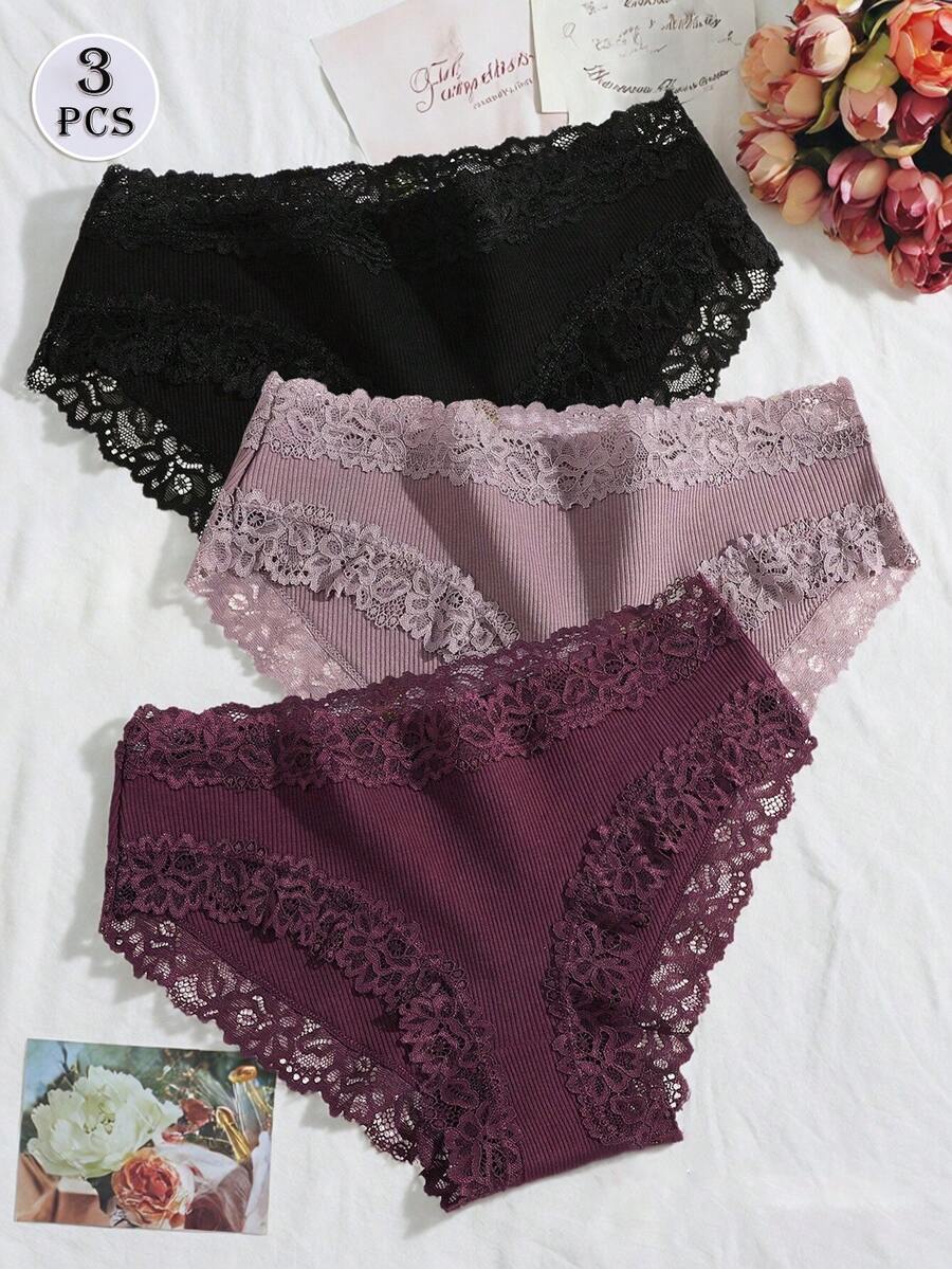 3件組純色棉質羅紋蕾絲拼接性感舒適女款三角內褲 - 彩色 - 查看 1