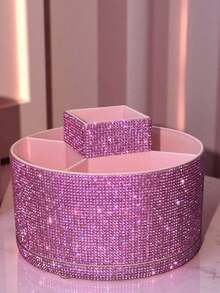 1pc 360° Rotating Rhinestone Jewelry Box, Large Capacity, Multi-Color Rhinestone Encrusted Surface, Luxurious Sparkling Style, Full Rhinestone Pattern, Hexagonal Pillar Shape, Neat Edges And Details, Makeup Tool Container, Suitable For Bedroom Vanity, Dressing Room Desk And Other Scenes - Multicolor - View 6