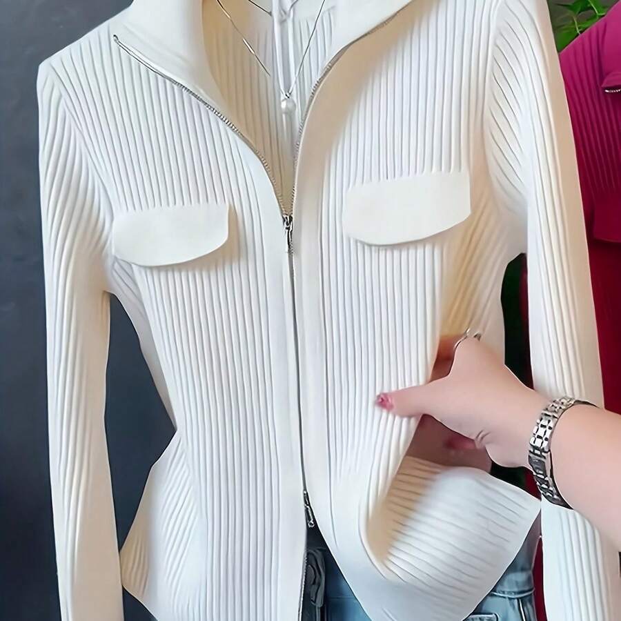 Women'S Long-Sleeve Cardigan With A Lapel, Featuring A Unique Double Zipper Design, Perfect For Early Spring 2025. A Versatile Top That Can Be Worn As A Base Layer Or Outerwear - Màu be - Xem 1