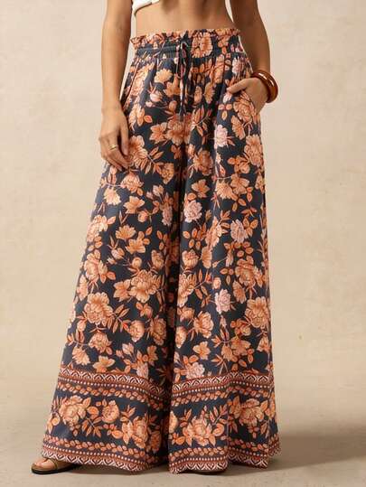 女士花卉叶子印花系带开衩口袋阔腿裤，适合海滩、度假、休闲穿着
