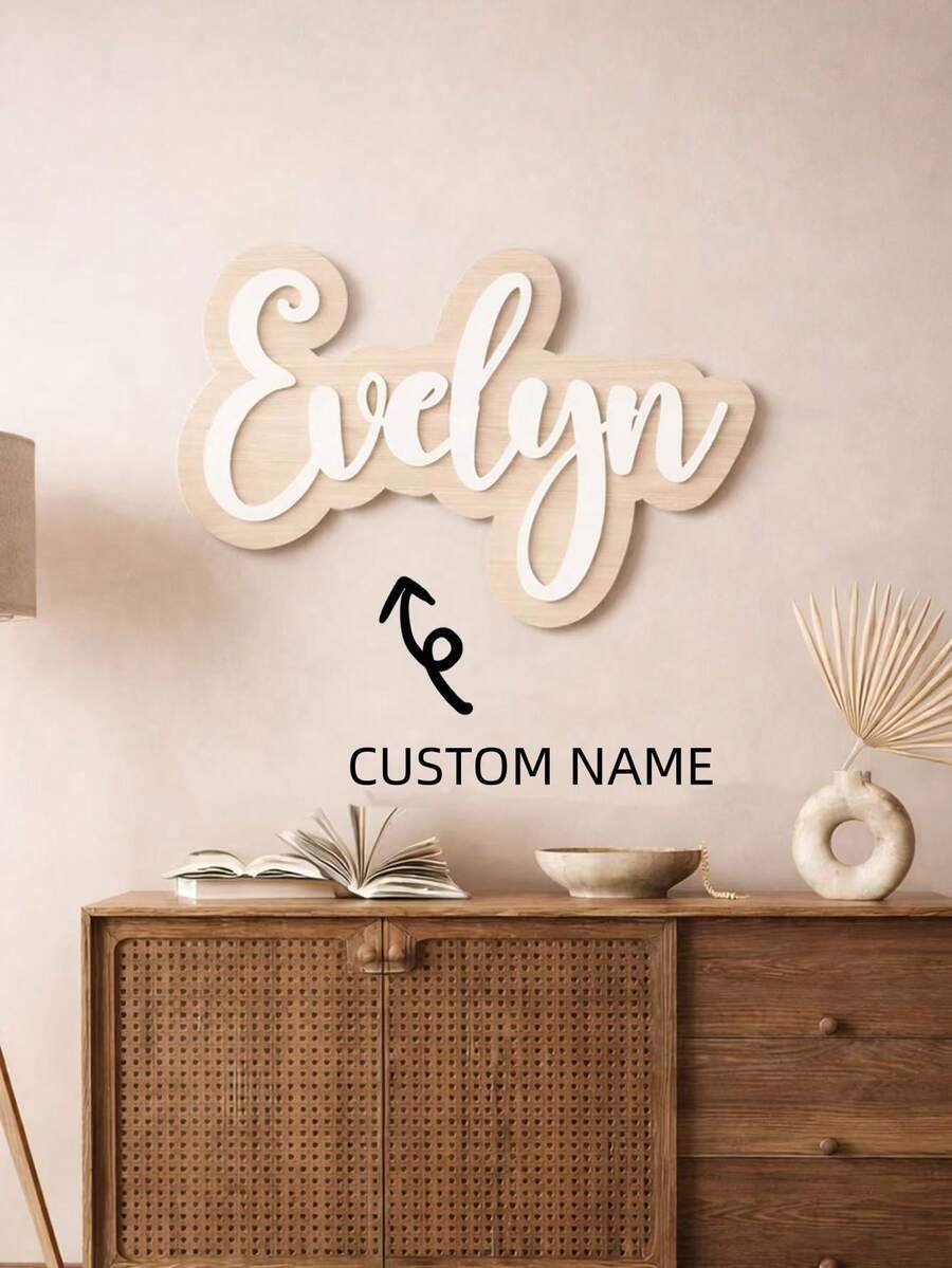 1pc Personalized Wooden Base With Acrylic Letter Logo, Double-Layer Custom Name Decor, Boho Style Handwritten Wall Art, Available In Sizes 15/20/30/40/50cm, Multiple Color Options, Ideal For Bedroom, Living Room, Wedding, And Housewarming Gifts - Multicolor - View 1