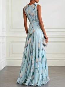 Women's Sleeveless V-Neck Chiffon Dress Women's Graduation Season Adult Ceremony Mother's Day Gift Sky Blue Vacation New Tulip Printed Evening Dress - 天藍色 - 查看 2