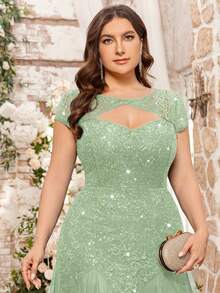 大码优雅甜心领亮片花卉蕾丝撞色网纱荷叶边下摆长裙，适合晚宴、返校舞会、婚礼宾客、生日、毕业典礼等夏季场合。 - 薄荷綠 - 查看 8