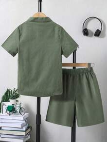 Tween Boy Cartoon Print Shirt And Shorts Set - Green - View 2