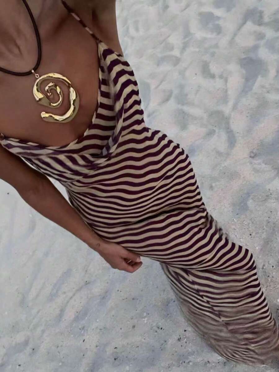 Ms. VIVINA's Summer Fashion: Seductive Beachwear With Waves And Patterns, See-Through Design, Fitted Silhouette With A Fish-Tail Hemline, Long Strap Dress. Women's Summer Dresses, Women's Beach Dresses, Women's Elegant Dresses, Women's Beach Vacation Outfits. Party - Purple - View 1