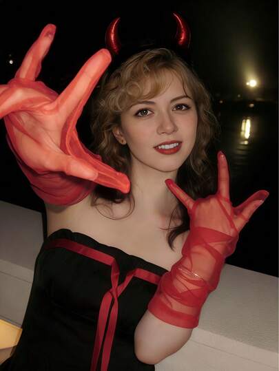 1件复古可爱清纯性感恶魔头饰+透明网纱手套，性感街头风服装配饰，适合狂欢节、音乐节、复活节、拍照道具、节日装扮