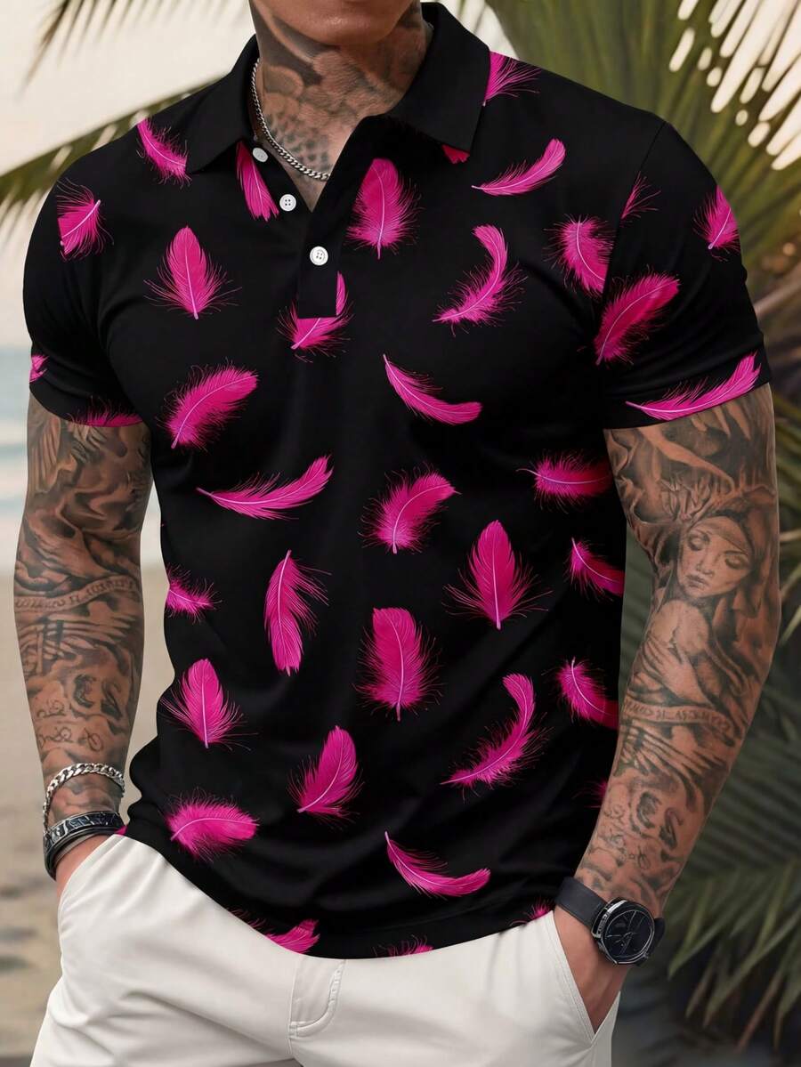 Camisa polo de manga corta con estampado de plumas para hombre, camisa polo de manga corta casual de vacaciones para hombre - Multicolor - Ver 1