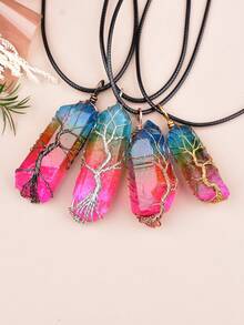 手工缠绕彩虹水晶柱生命之树吊坠项链，时尚简约饰品，独特个性化颈链 - 編織電鍍項鍊 - 查看 4