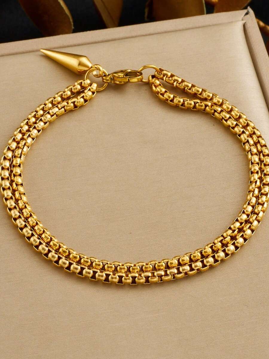 1 chiếc vòng tay phụ kiện thời trang Punk mạ vàng chân không bằng thép không gỉ, hai lớp, mặt dây chuyền đinh tán xếp chồng, kiểu dáng trung tính, đa năng dành cho nữ. - đinh tán - Xem 1