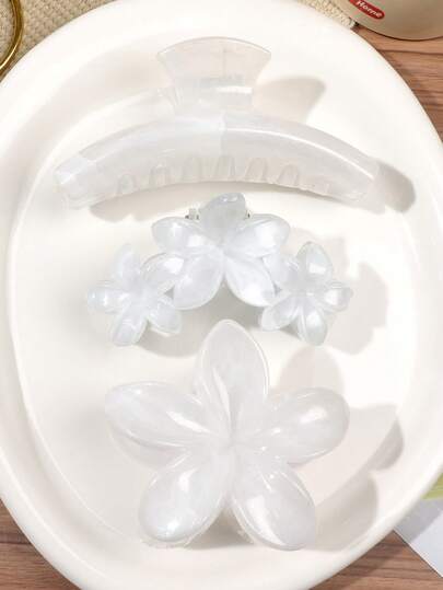 3pcs Set Pearl White Iridescent Color, Milky White Pearl Gloss, Fine Glitter ABS Material Marble Tie Dye One-Piece Clamp Daisy Flower Combination Arc Shaped Hair Claw, Korean Style Elegant Lady Daily Commute Hair Accessory