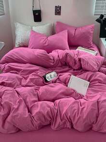 Bộ 3 món ga trải giường bằng polyester mềm mại, phối màu xanh dương và trắng. - Màu Hồng Tươi - Xem 4