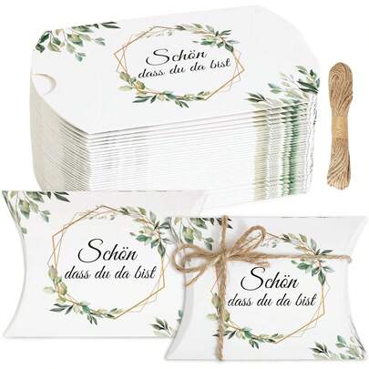 10/30pcs Elegant German Thank You Gift Boxes With String - Geometric Pattern With Green Leaves & Golden Accents, Jute Twine Included For Birthday, Wedding Party Favors & Guest Gifts, Floral Accent Design
