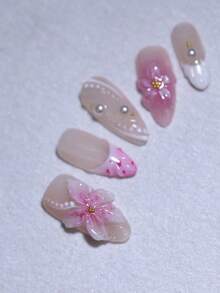 Handmade 3D Flower And Shell French Style Nail Art Design Manual Nails With Butterfly Nail Decoration 100% Handmade Press On Nails Almond 10 Pcs Fake Nail Tips Reusable For Holiday And Daily Life Fast Stick Nail Products Nail Supplies Nails Handmade Press On Nails - Màu hồng đậm - Xem 4