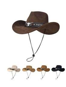 1pc Unisex Suede-Like Faux Leather Bull Head Decor Cowboy Hat, New Retro Cyberpunk Boho Style Cool Adjustable Cord Wide Brim Hat, Street Fashion, Men's Gift, Suitable For Parties, Western Themed Events, Gatherings, Cosplay, Graduation, Masquerade, Festivals, Birthdays, Music Festivals, Travel And Hiking,Summer,Beach - Top Hat - View 1
