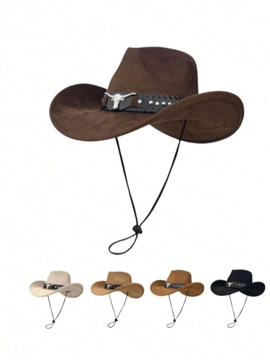 1pc Unisex Suede-Like Faux Leather Bull Head Decor Cowboy Hat, New Retro Cyberpunk Boho Style Cool Adjustable Cord Wide Brim Hat, Street Fashion, Men's Gift, Suitable For Parties, Western Themed Events, Gatherings, Cosplay, Graduation, Masquerade, Festivals, Birthdays, Music Festivals, Travel And Hiking,Summer,Beach - Top Hat - View 1