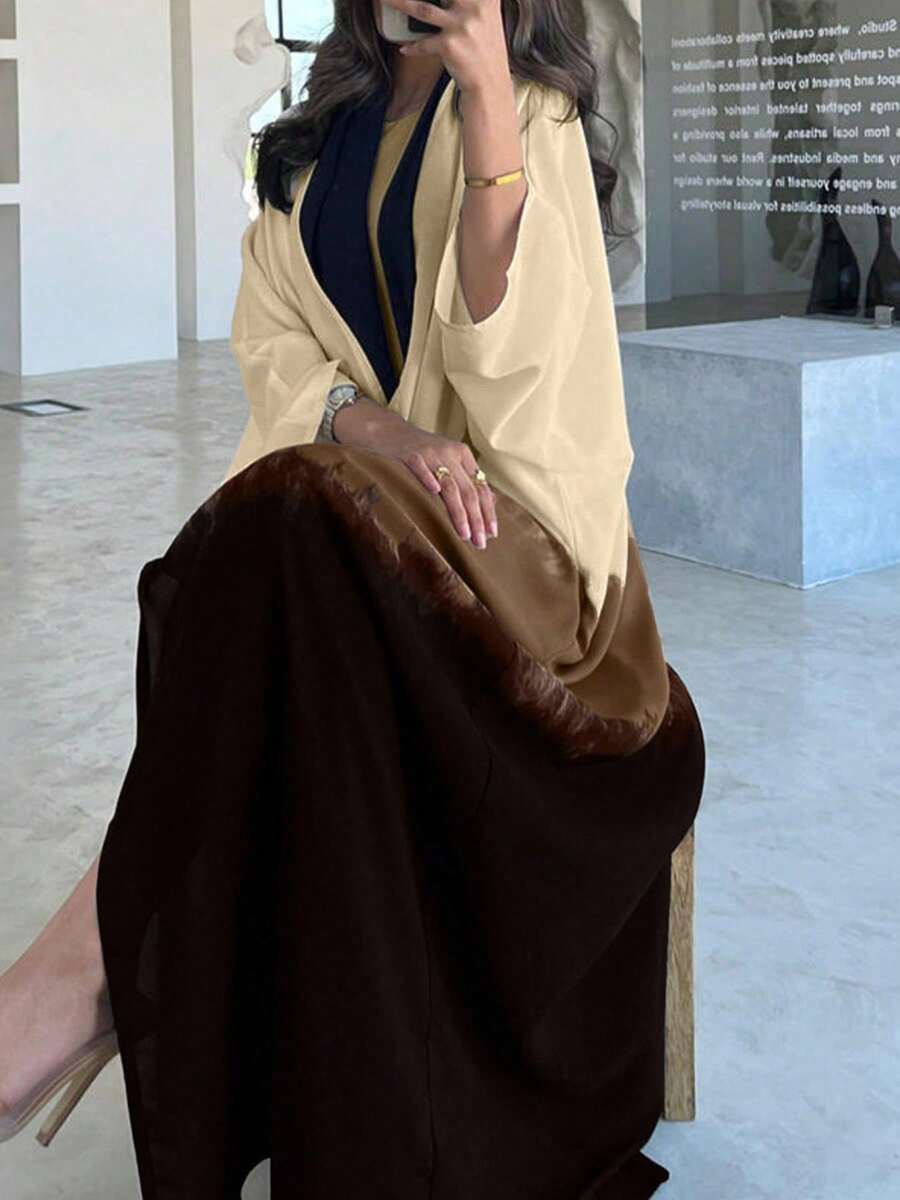 Damen Mode offene Vorderseite Fledermausärmel Lange Ärmel Bademantel, Nicht-Stretch Webstoff Frühling - Braun - Übersicht 1