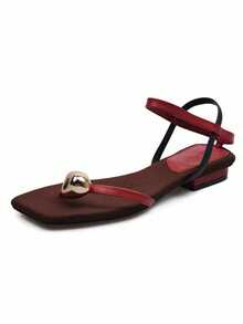 French Retro Metal Toe Ring Sandals For Women, Versatile Minimalist Casual Thick Strap Combination Chunky Heel Sandals For Summer - Red - View 8