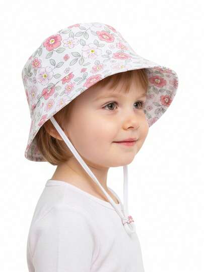1pc Kids Floral Pattern Sun Hat, Pink, Suitable For Toddler Girls Outdoor Activities, Beach, Sun Protection