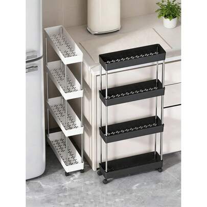 Multi-Functional White Sliding Storage Rack Rolling Cart, Hollow Drain Multi-Layer Ultra-Thin Storage Cart, Slim Storage Cart, Rolling Storage Cart, Narrow Storage Rack, Bathroom Storage Rack, Kitchen, Bathroom, Laundry Room Mobile Storage Rack, Space-Saving Storage Rack, Multi-Layer Floor-Standing Storage Rack, Tower Storage Rack For Kitchen, Laundry Room And Other Narrow Spaces