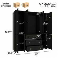 VOWNER 71" Large Wardrobe Closet With Mirror, Freestanding Bedroom Armoire With 3/6 Large Drawers & 2/4 Doors, Clothes Storage Organizer Cabinet For Bedroom, Gifts For Halloween & Thanksgiving - 黑色 - 63 英吋寬 - 查看 3