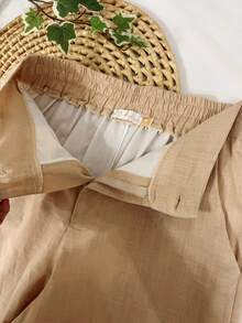 Linen Set With Three-Quarter Sleeves And High-Waisted Pants With Elastic Waistband | Lightweight Fabric - 卡其色 - 查看 10