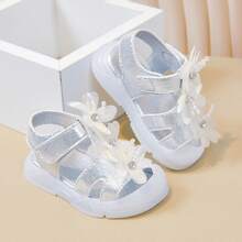 2026夏季新款女童花朵平底凉鞋，防踢包头凉鞋 - 銀色 - 查看 12