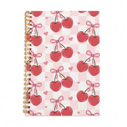 1 pieza Cuaderno de diario con lazo rosa, Planificador rosa cuaderno de diario con diseño de cereza lindo para mujeres, Útiles escolares, Planificador de cosas, Cuaderno de espiral con rayas para universidad