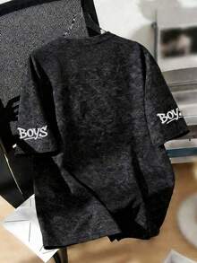 青少年男孩街頭風 "Boys" 圖案印花休閒短袖T恤，夏季日常必備，適合學校活動 - 黑色 - 查看 2