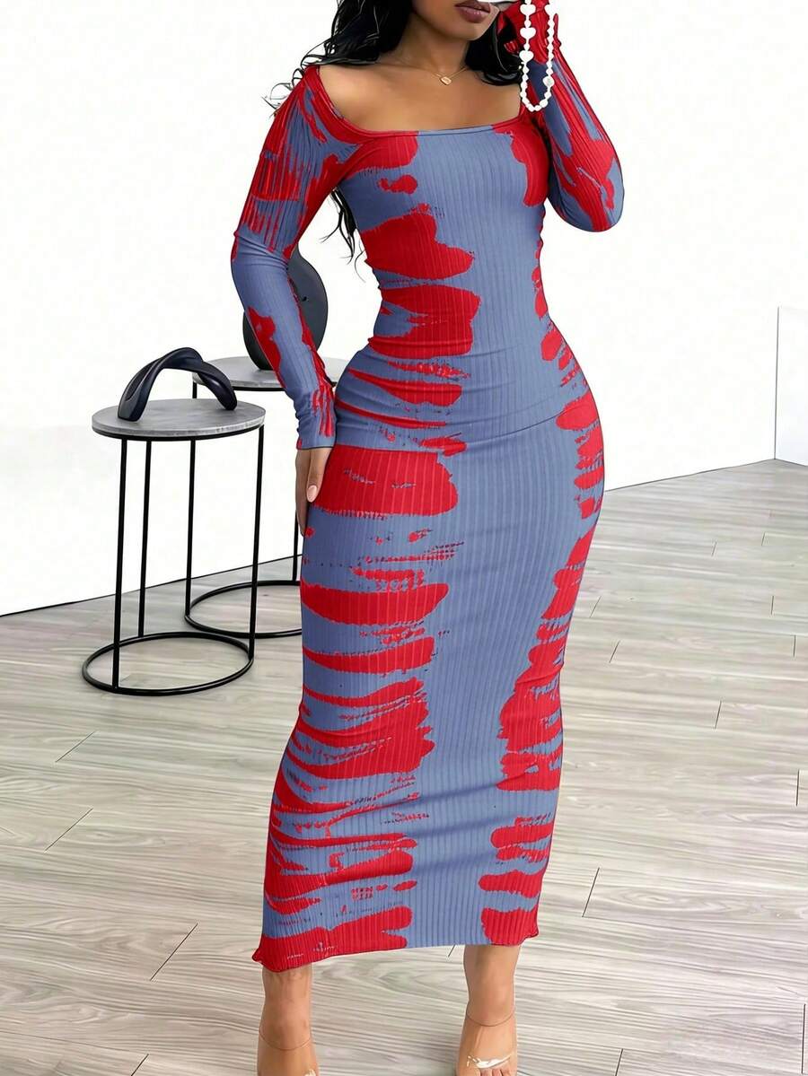 Spring And Summer Elegant Long-Sleeved Ankle-Length Tie-Dye Contrasting-Color Print Tight-Fitting Dress, Sexy Tight-Fitting Figure-Hugging Long Dress For Women - 霧霾藍 - 查看 1