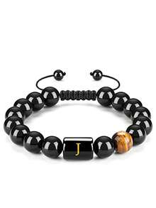 Vòng tay nam bằng đá mã não đen mắt hổ, kiểu bện, mặt dây chuyền 26 chữ cái, trang sức khắc tên riêng, quà tặng sinh nhật. - Nhiều màu - Xem 22