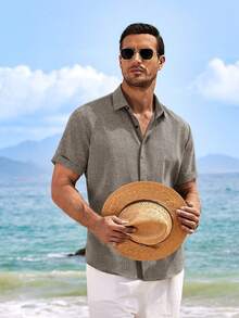 Mens Short Sleeve Linen Shirts Button Down Casual Summer Beach Tops For Daily Commute - Brun - Visa 5