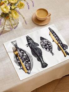 1pc Minimalist Ocean Creature Printed Linen Table Runner/Placemat, Suitable For Holidays, Parties, Birthdays, Dinners, Kitchen & Dining Table Decor, Shoe Cabinet Cover, All Season Room Decor & Home Textile - Multicolor - View 2