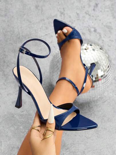 Women's High Heel Sandals, Sexy Strap Open Toe Mules, Premium Mirror Finish Soft Material Deep Blue Thin Strap Buckle High Heel Stilettos, Fashion Pointed Toe Elegant Versatile High Heels For Night Out, Party, Travel, Holiday, Thanksgiving, Christmas, Labor Day, Mother's Day, Halloween, Women's Day, Valentine's Day Gift