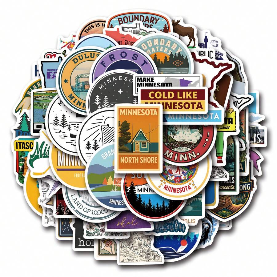 61张明尼苏达州主题贴纸，可用于剪贴簿、日记本、笔记本电脑、保险杠、滑板、水瓶、收藏品、笔筒、笔记本、电脑、手机等，为您的生活增添许多乐趣，是送给成年人的完美礼物。