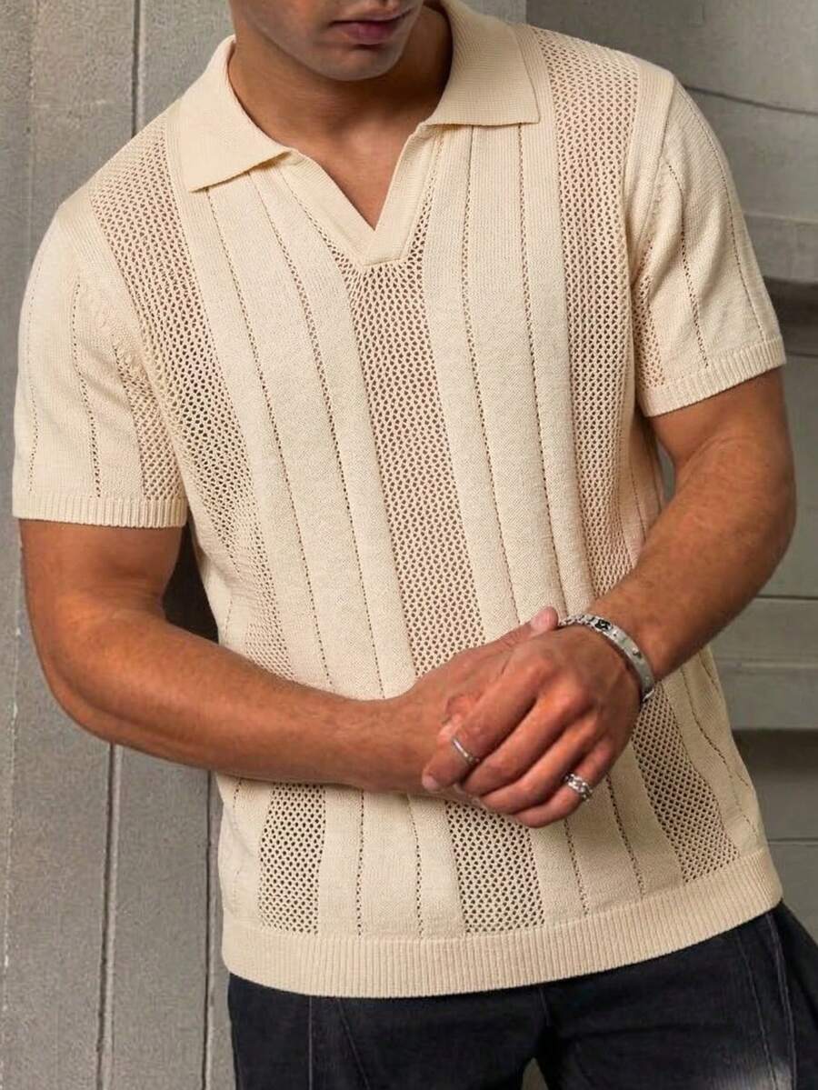 1pc Men's Polo Shirt, Beige Hollow Striped Knit, Minimalist Casual Style, Breathable Textured Knit, Suitable For Spring/Summer Casual Wear And Commuting - Khaki - View 1