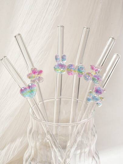 7pcs (Including 6 Straws + 1 Brush) Reusable Bent Glass Straw With Cleaning Brush, For Water, Juice, Coffee, Beer, Cocktail, Milkshake & Matcha, Ideal Mother's Day Gift, Birthday Gift, School Supplies, Essential Kitchen Supply, Perfect For Home, Office, Cafes, Bars, Parties & Gifts