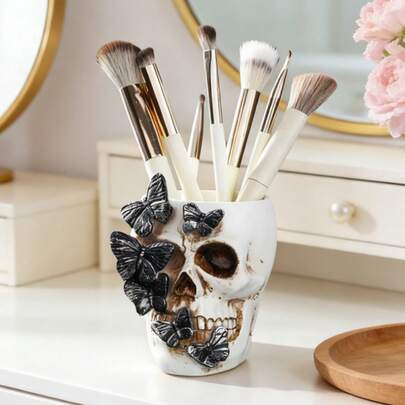 Gothic Skull & Butterfly Resin Storage Box - Uniquely Carved Design With Black Butterfly Accents, Perfect For Holding Makeup Brushes, Pens Or Small Accessories, Can Be Placed On Vanity, Desk Or Gothic-Style Corner. Provides A Fashionable And Avant-Garde Storage Solution For Beauty And Alternative Home Decor Enthusiasts.