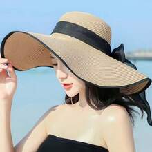 1 pièce Chapeau de paille à large bord avec bordure noire, décoré d'un nœud noir, convient pour la plage, les vacances, la protection solaire extérieure, les jours fériés, les voyages - Chapeau paille grosse vague gaze - Voir 3