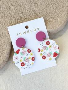 1 Pair Women's Strawberry Print Ceramic-Like Cute Fresh Round Acrylic Earrings - Multicolor - View 2
