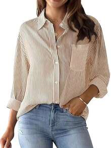 Women's Striped Long-Sleeved Shirt - Màu Khaki - Xem 7