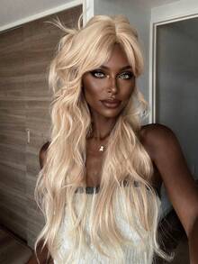 28-Inch Long Synthetic Wig Featuring A Natural Wavy Style In A Stunning Glod. It Is Crafted From Heat-Resistant Fiber To Ensure Durability. This False Hairpiece Is Perfect For Daily Use, Offering A Natural And Realistic Appearance That Mimics. - Gold - View 4