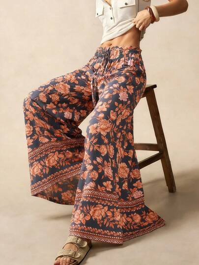 Women's Floral & Leaf Print Tie-Front Slit Pocket Wide Leg Pants, Suitable For Beach, Resort, Casual Wear
