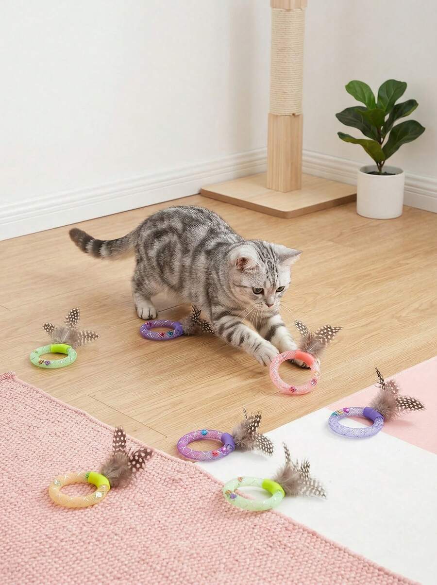 PETSIN Multi-Color Cat Toy With Rattle Sound, Feathers & Pearls - Interactive Cat Toy For Indoor Cat Exercise And Entertainment, Pet Supplies - Multicolor - View 1