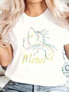 Women's Plus Size Casual T-Shirt With Colorful Cat Graphic - Short , Round Neck, Knit, Perfect For All Seasons, Casual WearFun Fashion TeeVibrant Print - trắng - Xem 6